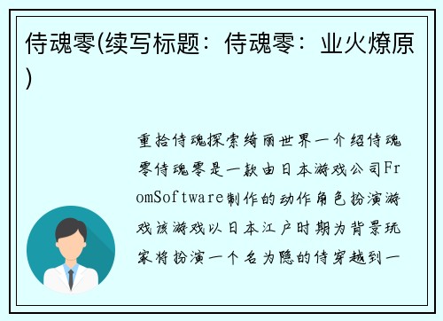 侍魂零(续写标题：侍魂零：业火燎原)